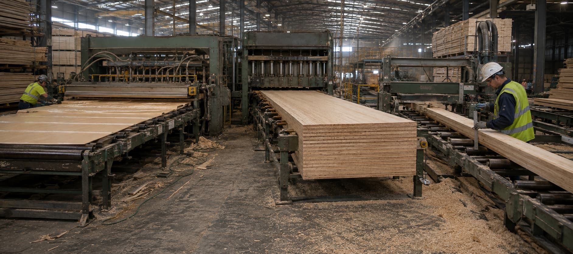 Three stages of LVL production: veneer lay-up, a billet leaving the press, and a cut edge being checked at the saw line.