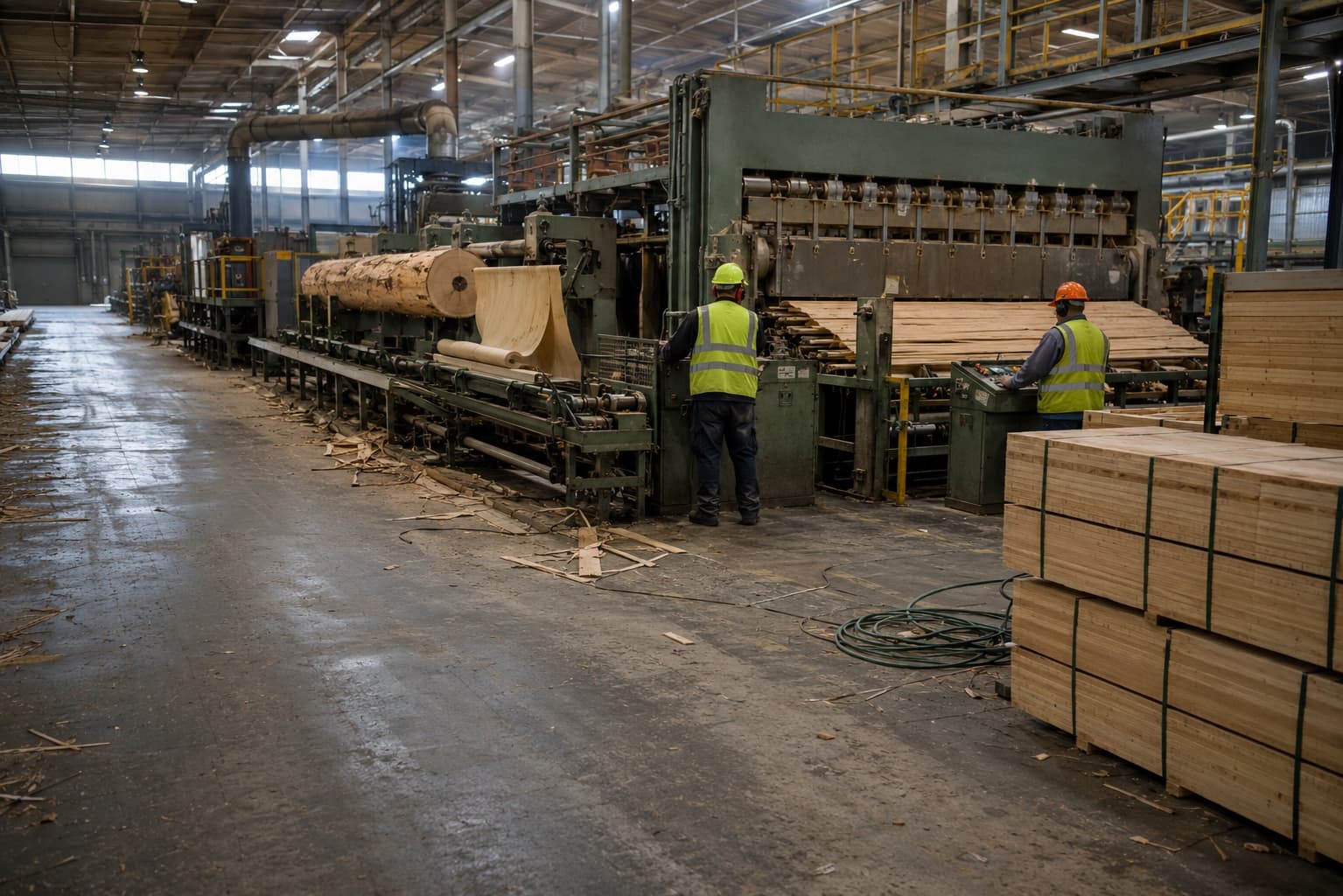 A veneer lathe and press line inside an LVL plant, with finished billets stacked for cutting.