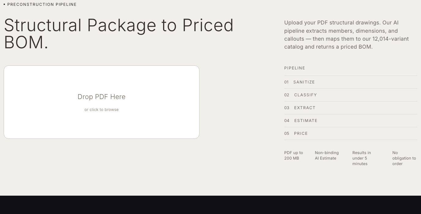 The LogSmarter structural package upload screen, with the five pipeline stages listed beside the PDF drop area.