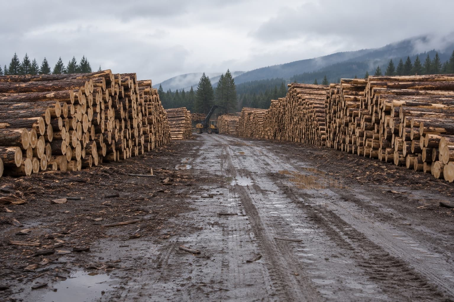 Banked decks of debarked softwood logs in a timber yard, stacked above head height.